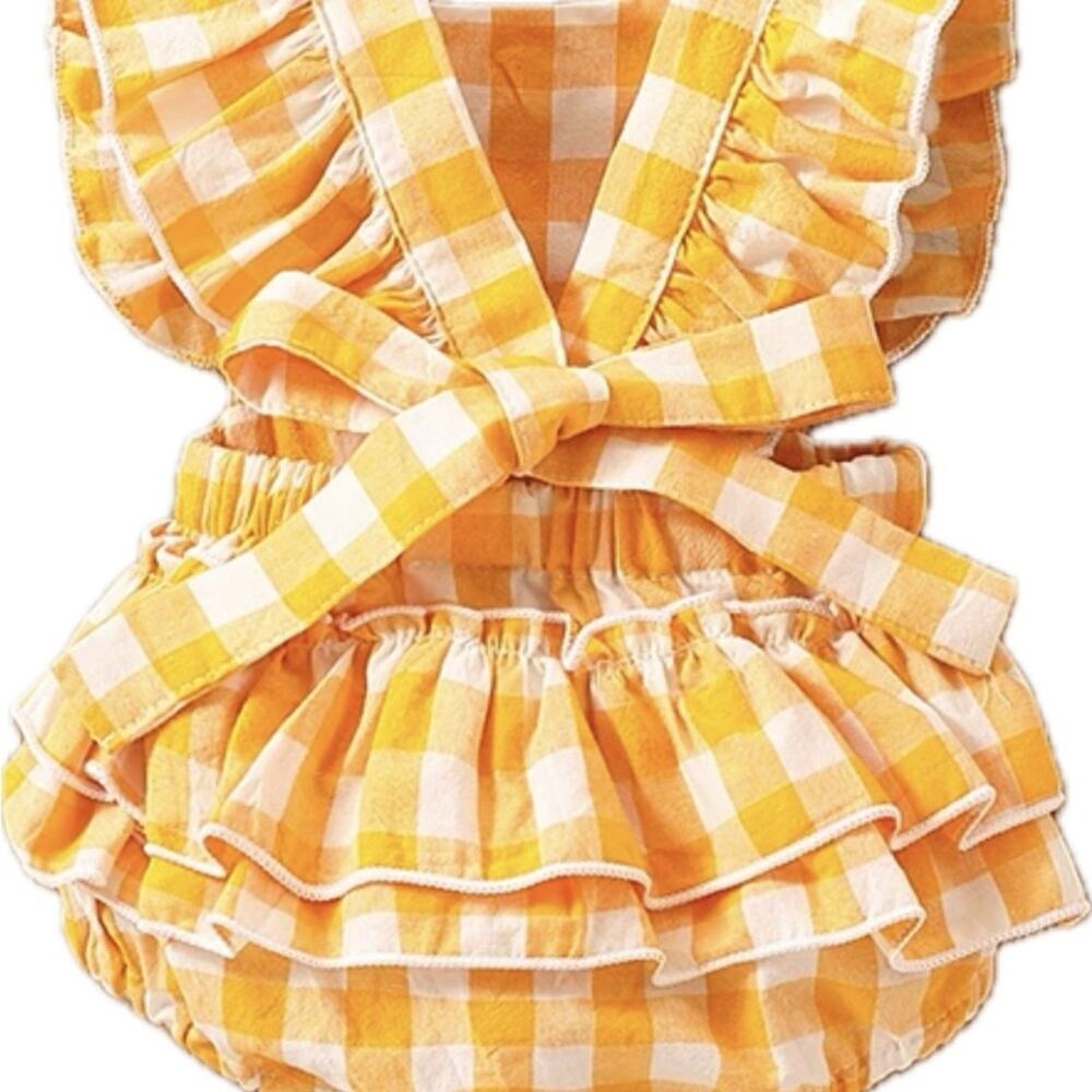 New baby girl summer gold  plaid romper, bow 0-6 months